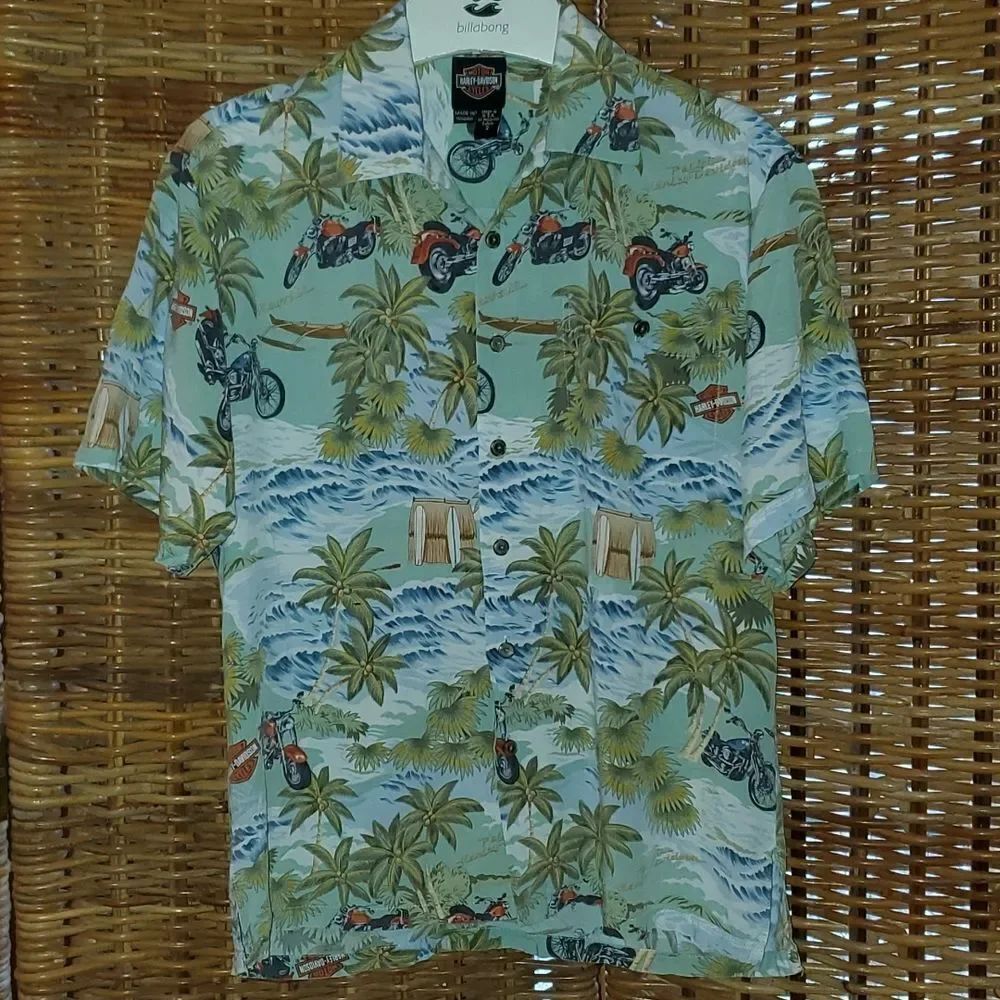 Harley Davidson Palm Tree Surf Aloha Shirt Made in Hawaii S